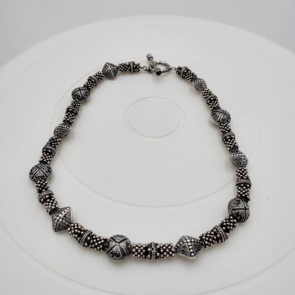 Vintage 925 Granulated Silver Bead Necklace 17" Heavy Gem Stone Toggle‎ Handmade - Picture 9 of 12